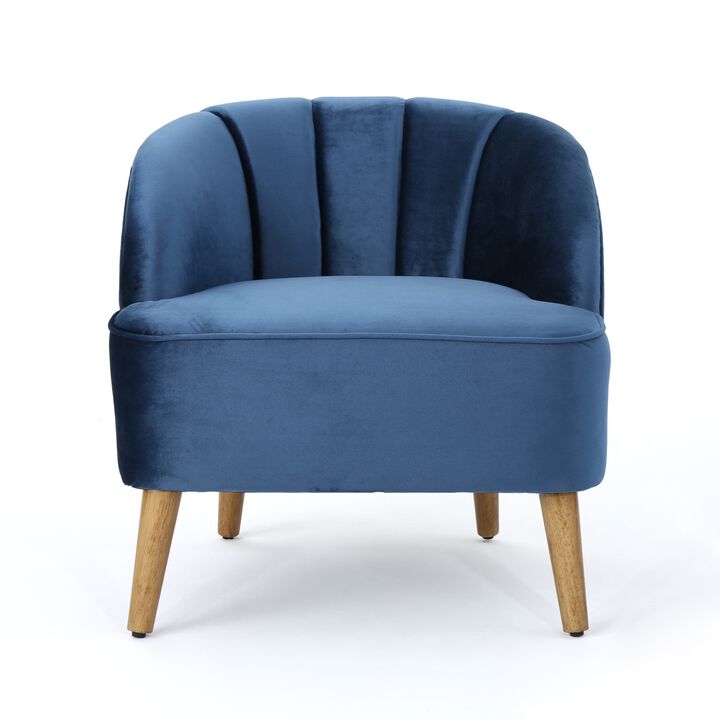 Shale Accent Chair, Navy Blue Velvet, Curved Backrest, Brown Wood Legs - Benzara