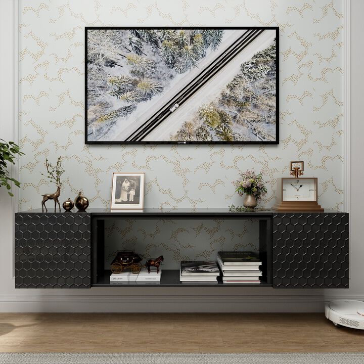 Mondawe 80 Inch Wall Mounted TV Cabinet, Media TV Station With Large Storage Space