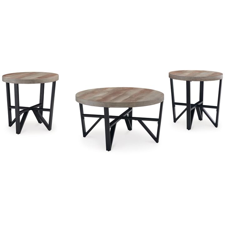 Hya 3pc Coffee and End Table Set, Brown Wood Round Top, Black Angular - Benzara