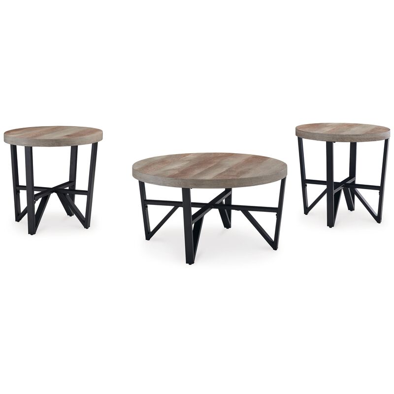 Hya 3pc Coffee and End Table Set, Brown Wood Round Top, Black Angular - Benzara