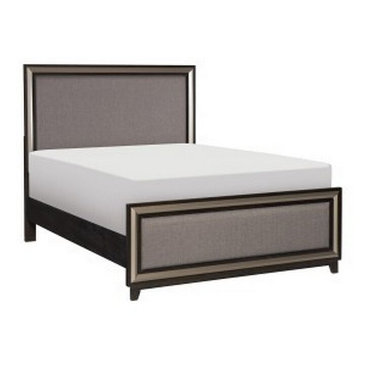 Uri Queen Size Platform Bed, Silver Banding, Polyester Upholstery, Black - Benzara