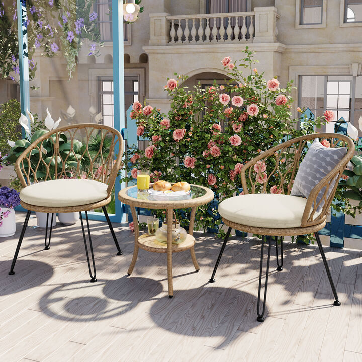 Merax 2 Rattan Single Chairs with A Glass Round Table Outdoor Leisure Set