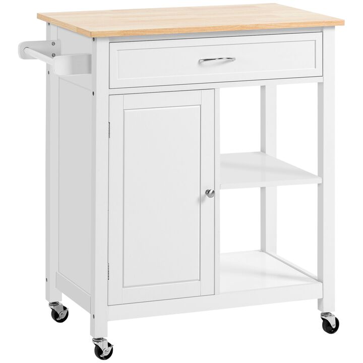 White Kitchen Helper: Rolling Island with Open Shelf & Drawer