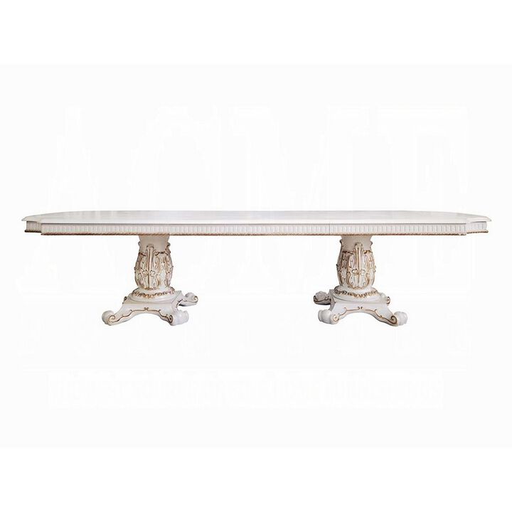 Antoine Dining Table, Carved Double Pedestal, 94-136 Inch, Pearl White - Benzara