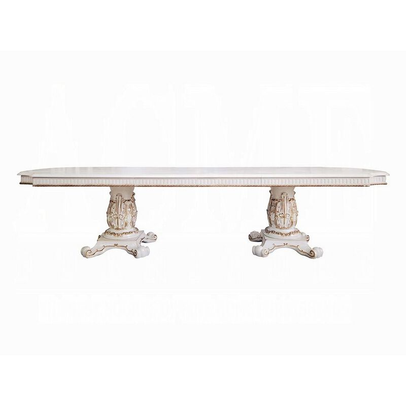 Antoine Dining Table, Carved Double Pedestal, 94-136 Inch, Pearl White - Benzara