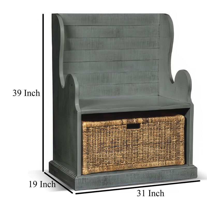 Eulie Hall Foyer Bench Seat w Rattan Basket, Rustic Blue Mahogany Wood - Benzara