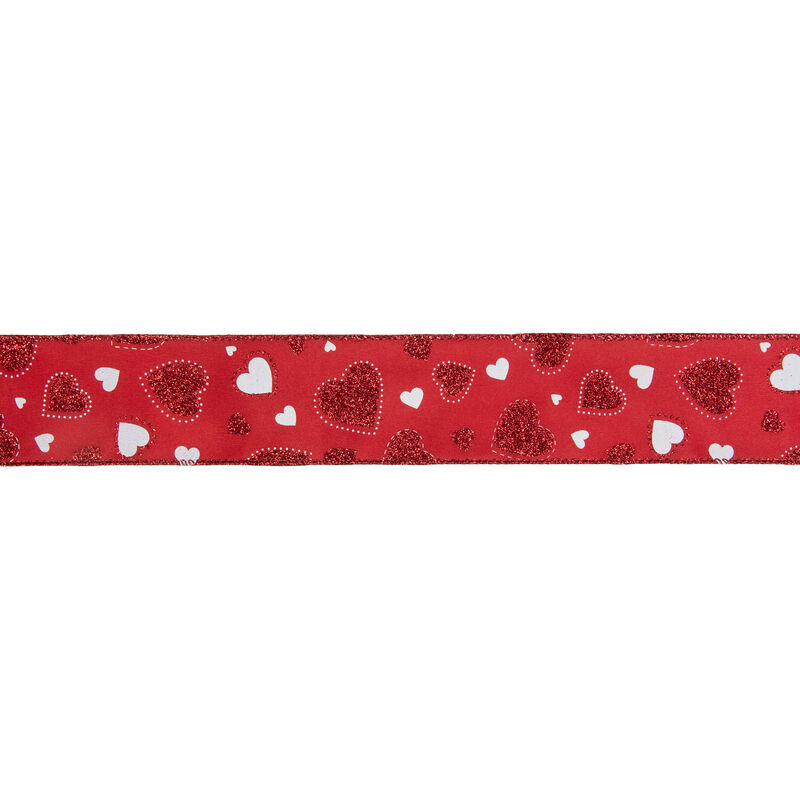 Red and White Glitter Hearts Valentine's Day Wired Craft Ribbon 2.5" x 10 Yards