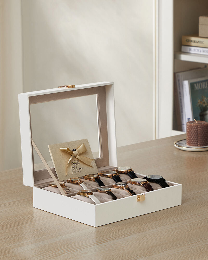 10-Slot Box with Glass Lid Jewelry Holder Case with Removable Pillow