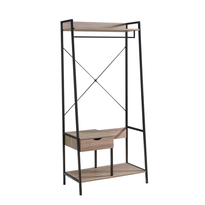 Bery 71 Inch Clothing Rack, 1 Drawer, Hanging Rod, Open Shelf, Taupe, Black - Benzara