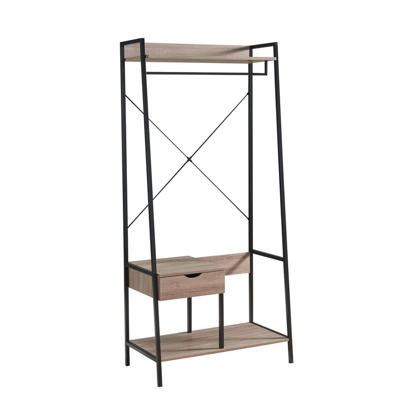 Bery 71 Inch Clothing Rack, 1 Drawer, Hanging Rod, Open Shelf, Taupe, Black - Benzara