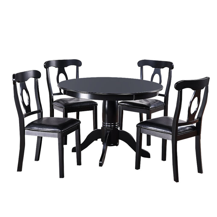 5 Piece Wooden Dining Set with Leatherette Padded Chairs, Black - Benzara