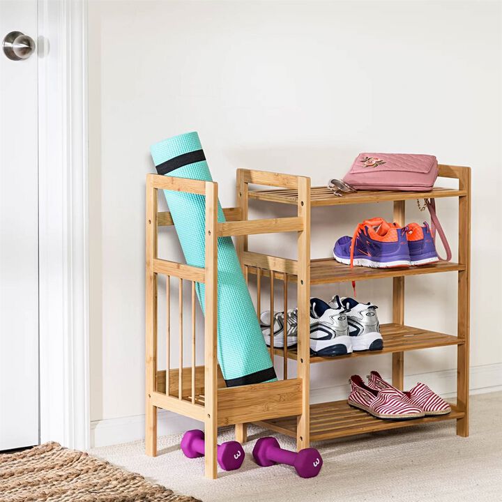 Hivvago 2 Shelf Entryway Shoe Rack Bench with Bla2 in 1 Entryway 4 Shelf Bamboo Shoe Rack and Umbrella Holderck Metal Frame and Brown Wood Top