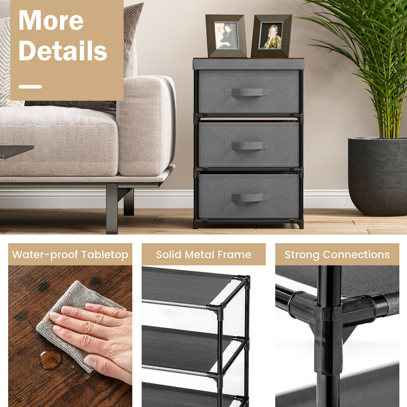 3-Tier Fabric Nightstand with Sturdy Metal Frame-Gray