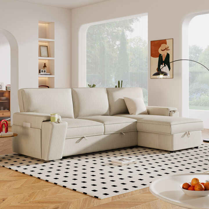 Upholstery Sleeper Sectional Sofa With Storage Bags And 2 Cup Holders On Arms