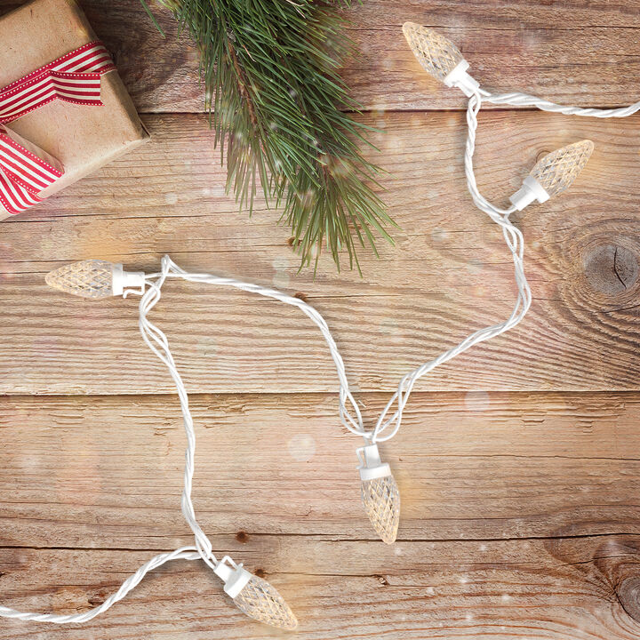 50 Count Warm White LED C7 Faceted Christmas Lights  20.25 ft White Wire