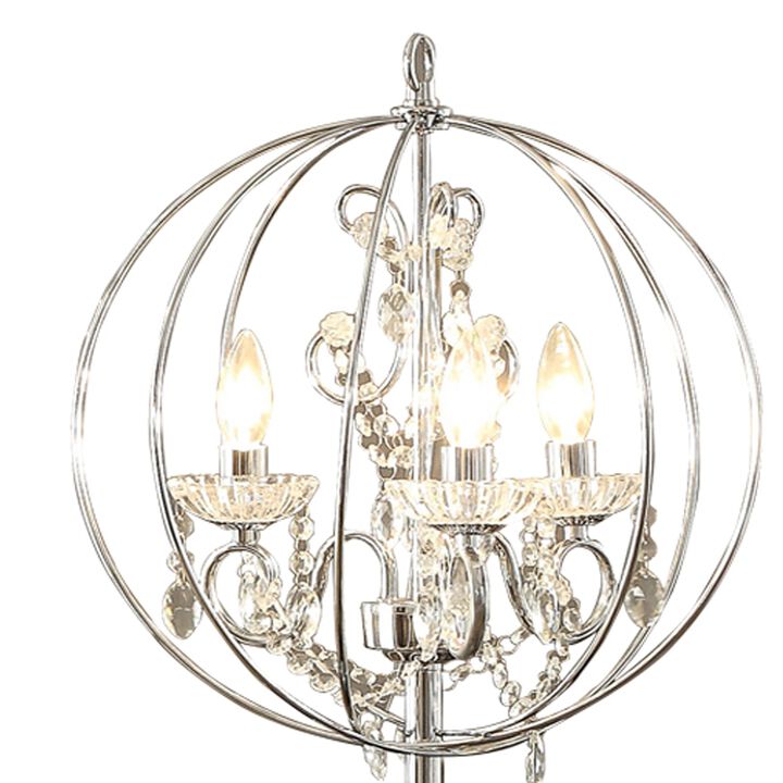Shine 61 Inch Floor Lamp, Chandelier Style, Crystal and Metal, Chrome-Benzara