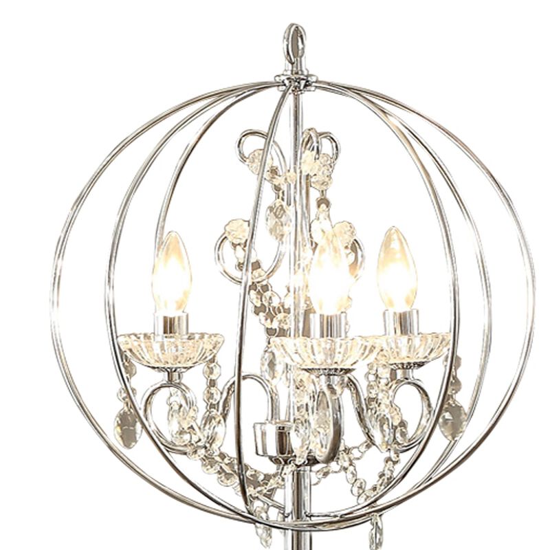 Shine 61 Inch Floor Lamp, Chandelier Style, Crystal and Metal, Chrome-Benzara