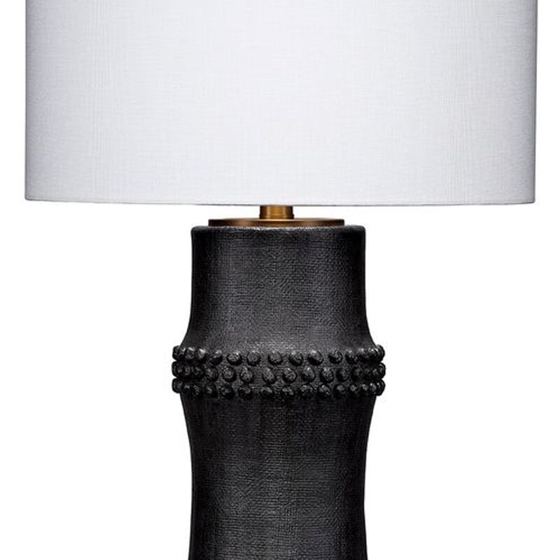 Lemy 28 Inch Table Lamp, White Linen Drum Shade, Dotted Black Base - Benzara