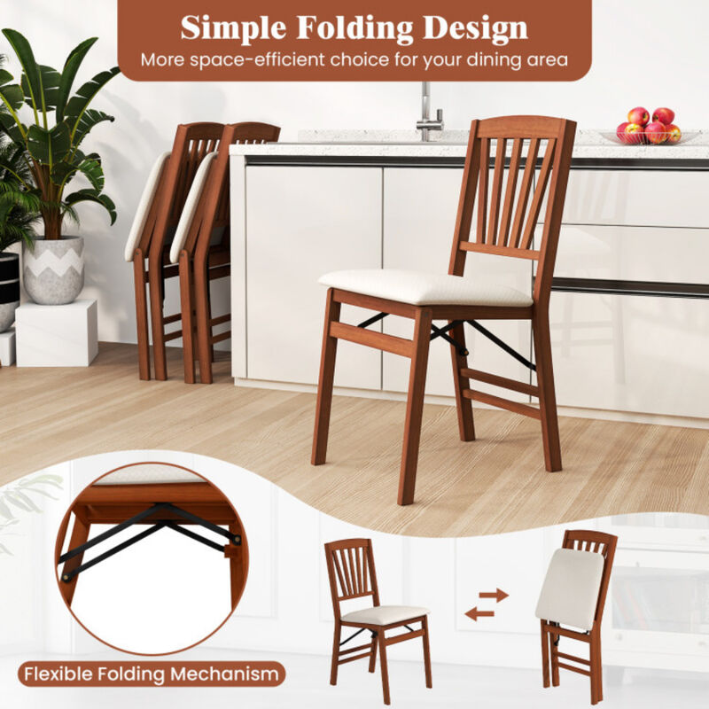 Set of 2 Folding Dining Chairs with Padded Seat and Rubber Wood Frame