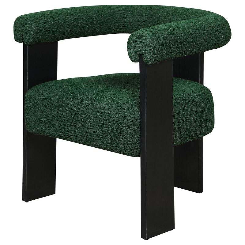 Cara Accent Chair, Curve Back, Green Boucle Fabric with Black Wood Legs - Benzara