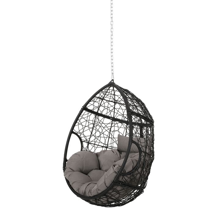 Castic Outdoor Hanging Chair, 46 Inch Rattan Frame, Black Iron, Gray -Benzara