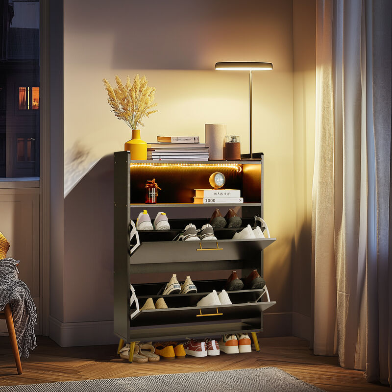 Shoe Storage Cabinet with Double Doors, 6-Tier Shelves & Built-in LED Lights for Entryway