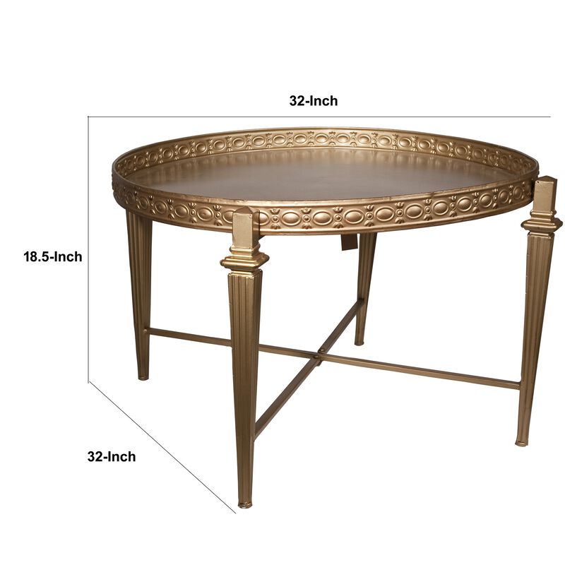 32 Inch Metal Cocktail Table, Circular Pattern Edged Round Top, Copper-Benzara