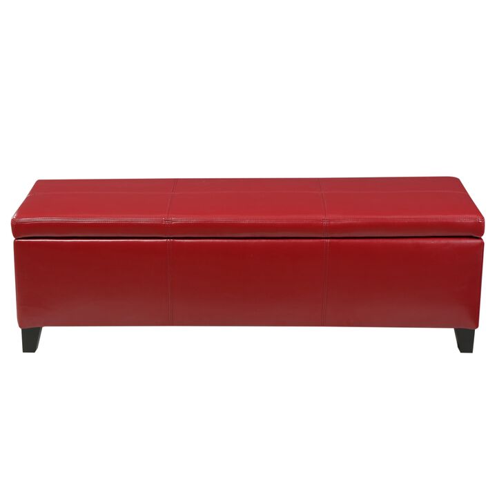 Elias Storage Ottoman Bench, 51 Inch Plush Cherry Red Faux Leather - Benzara