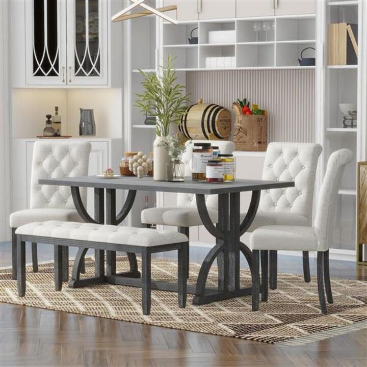 6-Piece Retro Dining Table Set Rectangular Table with Chairs & Bench for Kitchen or Dining Room