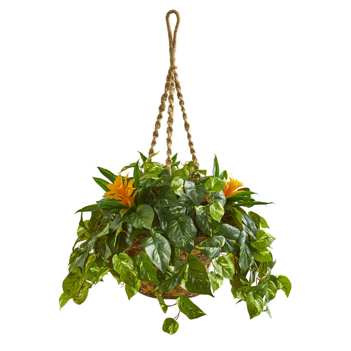 Hivvago 31" Bromeliad & Pothos Artificial Plant in Hanging Basket