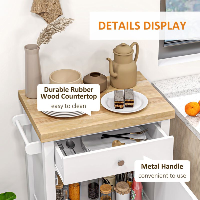 White Kitchen Cart: Rubberwood Top, Wine Rack, Wheeled