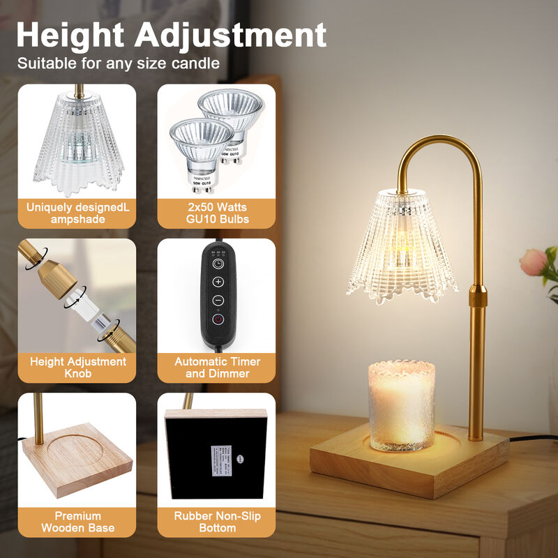 Candle warm lamp with dimmer and timer, aromatherapy wax candle melt lamp, adjustable height, clear glass lamp shade, preferred for gifts