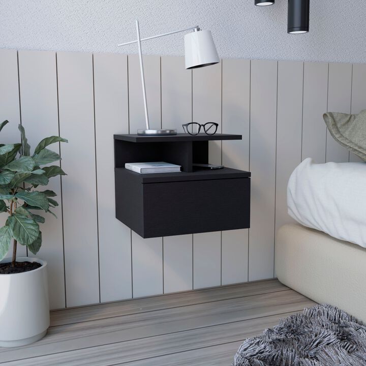 Adele Floating Nightstand with Drawer and Open Storage Shelves- White