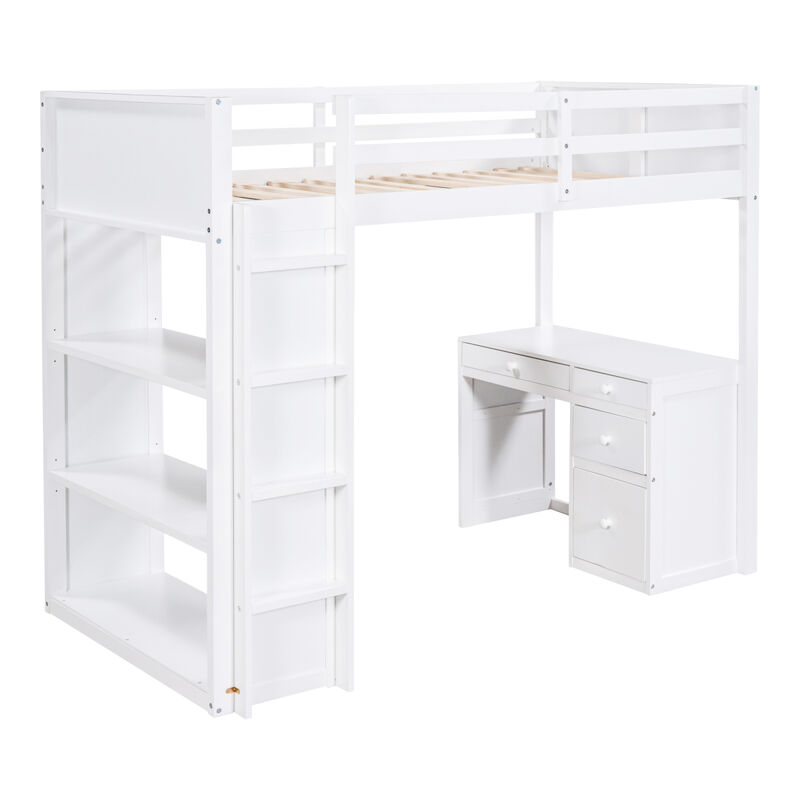 Twin Size Loft Bed With Ladder, Shelves, And Desk