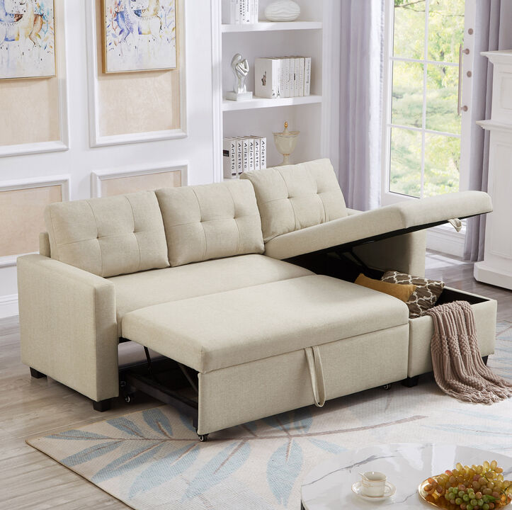 Merax Upholstered Pull Out Sectional Sofa with Storage Chaise