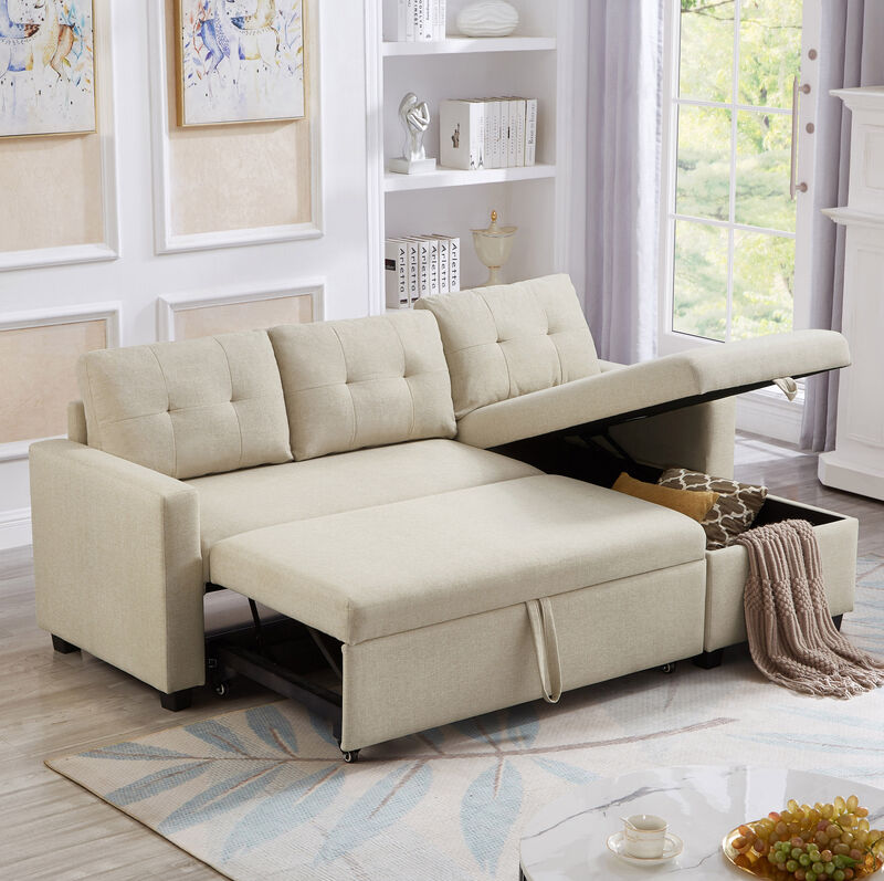 Merax Upholstered Pull Out Sectional Sofa with Storage Chaise