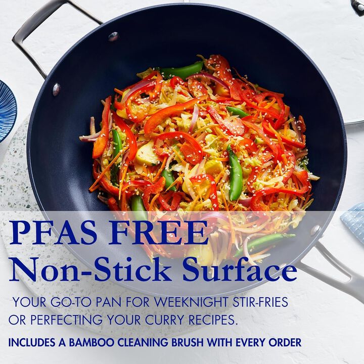 Blu. Cookware 12.6” Wok with Lid, Durable Non-Stick Stir Fry Pan, Non-Toxic, PFA/PFOA-Free, Suitable for All Cooktops, Includes Bamboo Brush