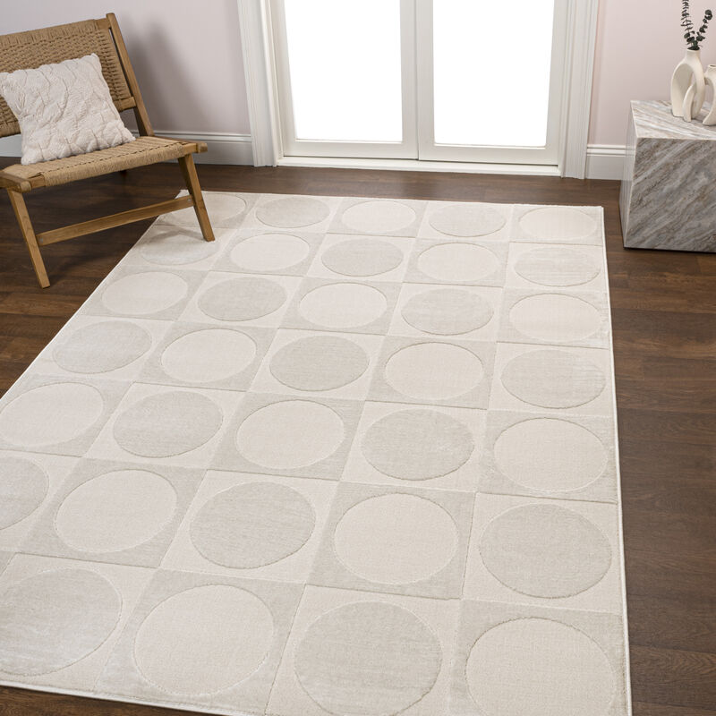 Helena Modern Geometric Circles In Squares High-Low White/Cream 4x6 Area Rug