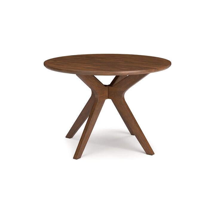 Jeyn Round Dining Table, Modern Curved Base, 45 Inch Brown Mango Wood - Benzara