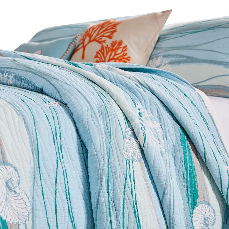 Maritsa Three Piece Queen Size Fabric Quilt Set with Coastal Prints, Blue - Benzara