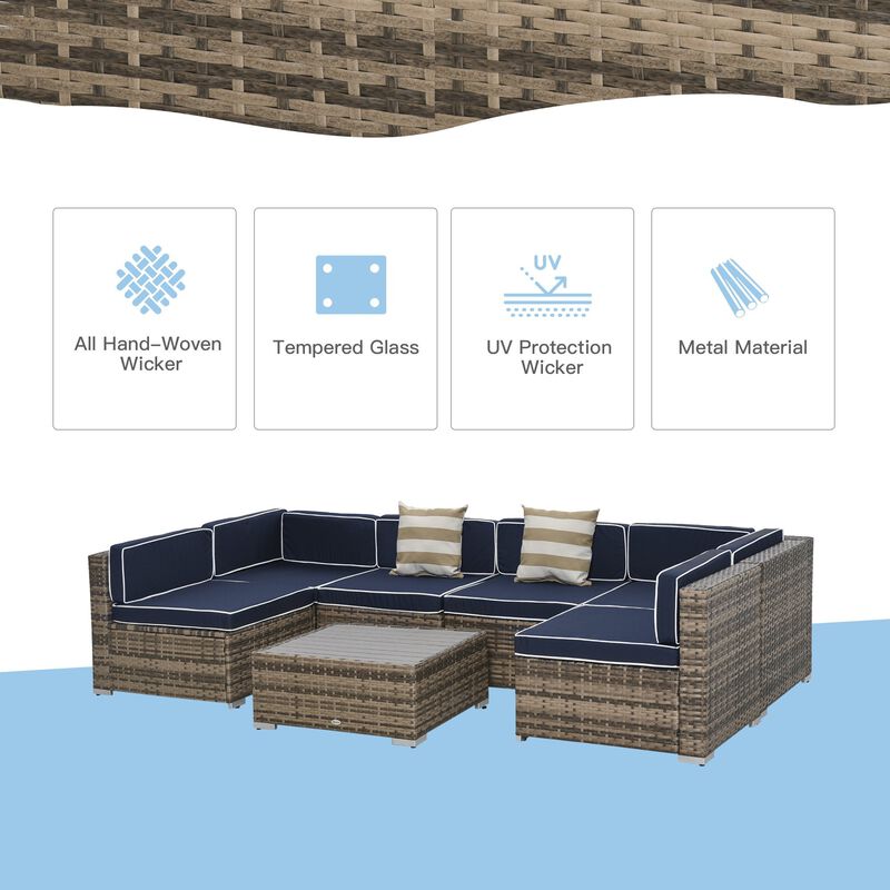 Blue Patio Ensemble: 7-Piece PE Rattan Wicker Sofa Set with Wood Table
