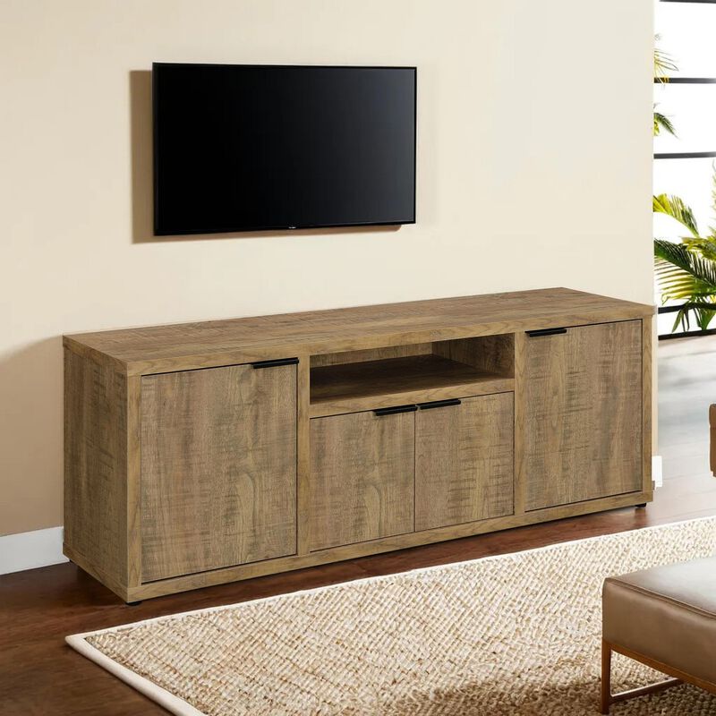 Tag 60 Inch TV Media Entertainment Console, 4 Cabinets, MDF, Mango Brown - Benzara
