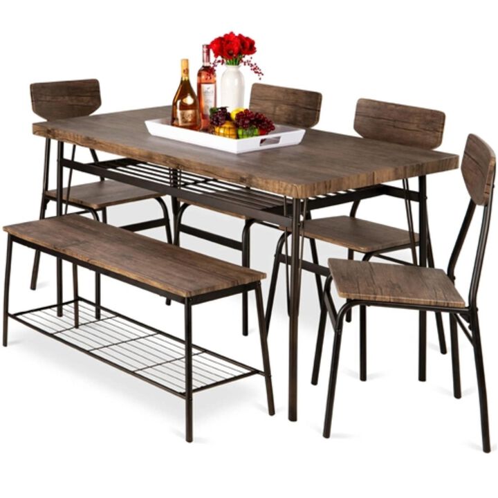 Hivvago Modern 6 Piece Dining Set with Brown Wood Top Table 4 Chairs and Storage Bench
