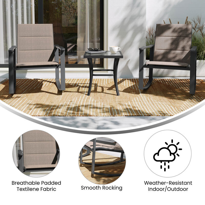 Flash Furniture Brazos 3 Piece Outdoor Rocking Chair Bistro Set with Flex Comfort Material and Steel Framed Glass Top Table