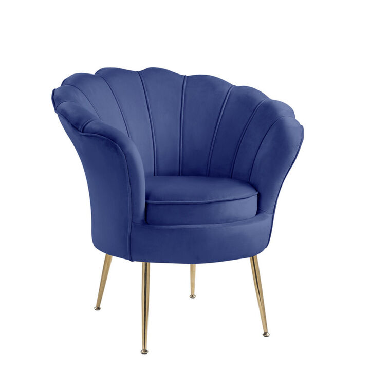 Angelina Blue Velvet Scalloped Back Barrel Accent Chair With Metal Legs