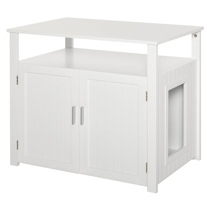 White Kitty Litter Cabinet: Wooden Nightstand with Adjustable Wall
