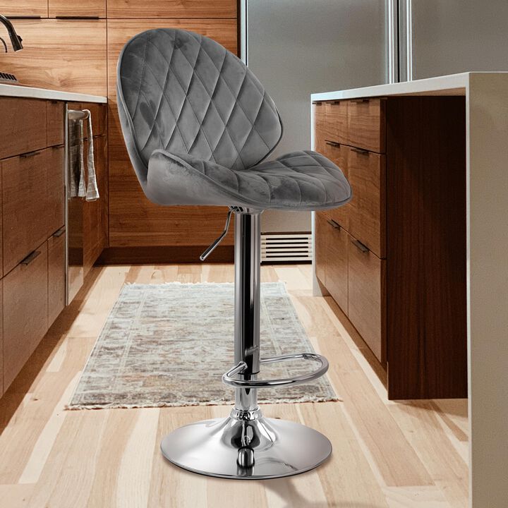 Elama 2 Piece Diamond Tufted Velvet Material Adjustable Bar Stool in Gray with Chrome Trim and Base