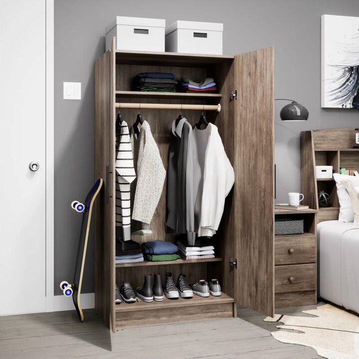 Wood Grain Wardrobe Closet – Bedroom Storage Armoire with Hanging Rail and Doors