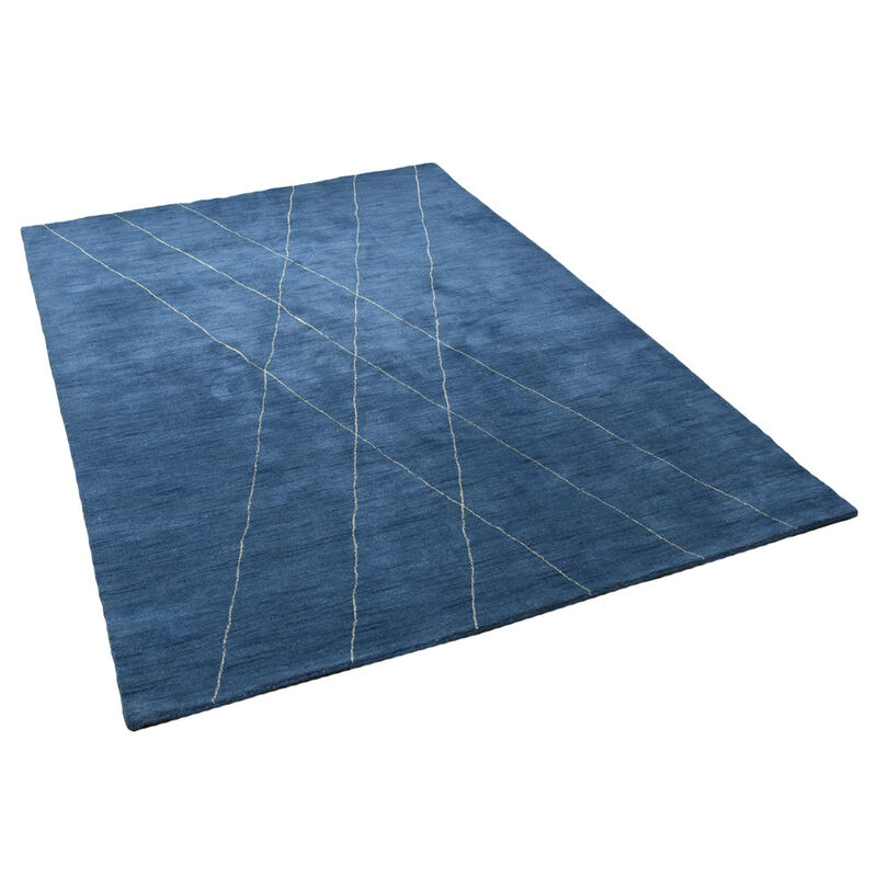 RUGSOTIC CARPETS HAND KNOTTED LOOM WOOL ECO-FRIENDLY AREA RUGS  - 6'x9', Rectangle, Blue Beige Color, Geometric Modern Design, High Pile Thick Handmade Anti Skid Rugs for Living Room (L00645)