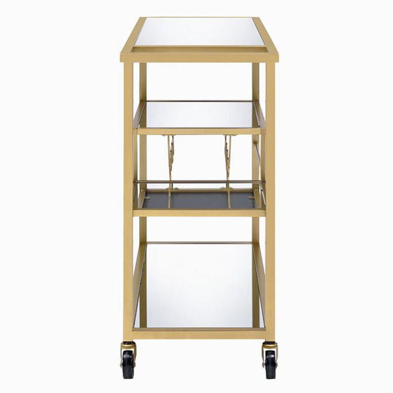 Metal Framed Serving Cart with Wine Bottle Holder and Stemware, Gold and Clear-Benzara